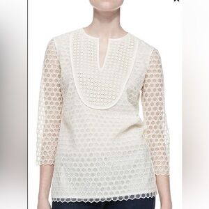 Tory Burch Tali Ivory Jacquard Honeycomb Linen 3/4 Sleeve Pullover Top Size SP